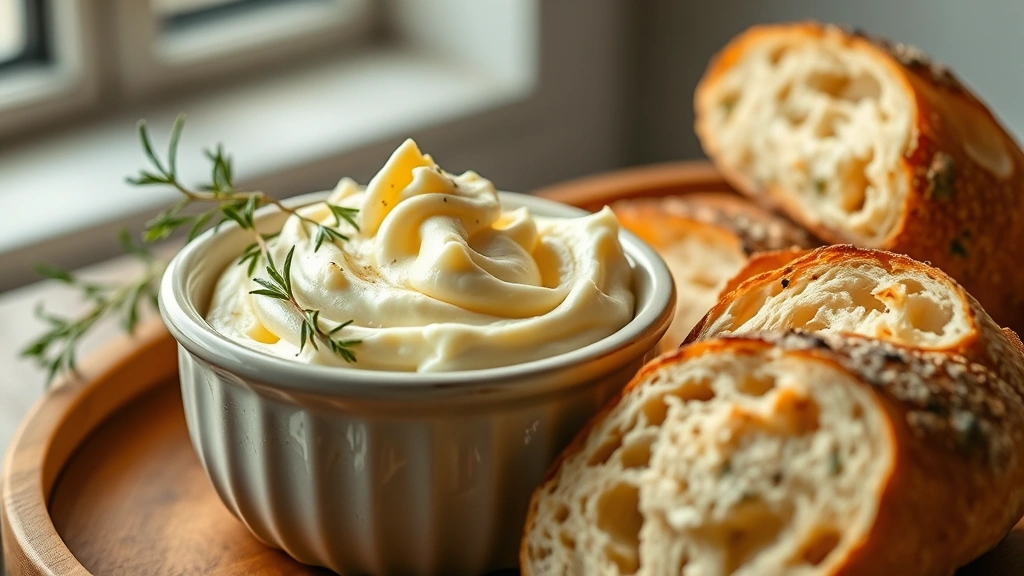 hero: fluffy whipped butter in ceramic crock with fresh herbs, warm crusty bread, photorealistic, soft natural window light, creamy pale yellow color, no text