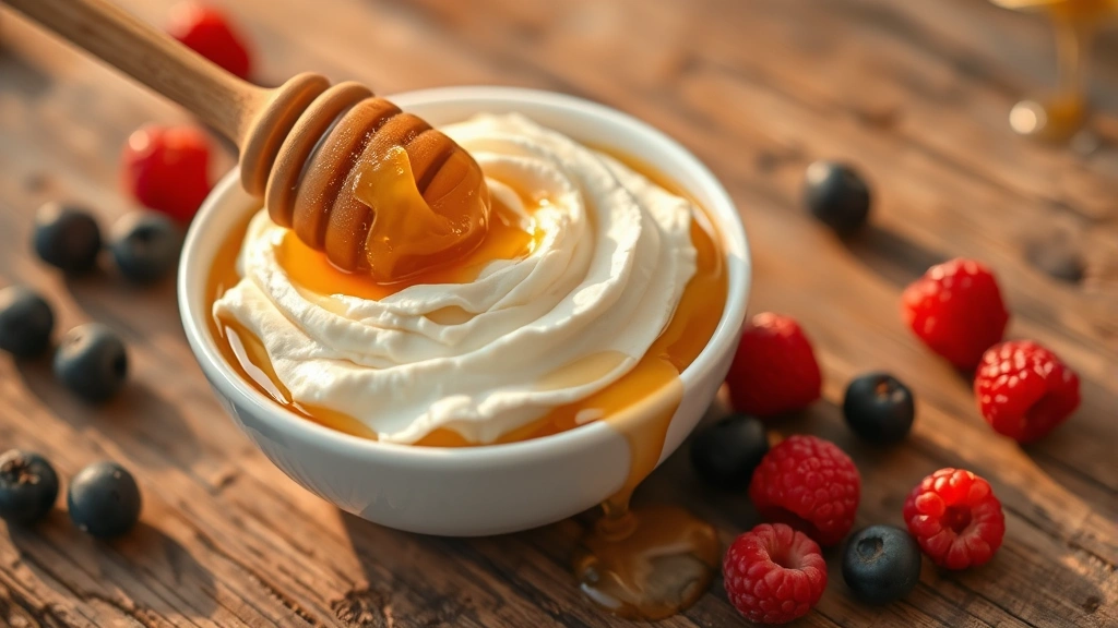 hero: fluffy whipped honey in a shallow white bowl with a wooden honey dipper, warm golden lighting, fresh berries scattered nearby, rustic wooden table, no text