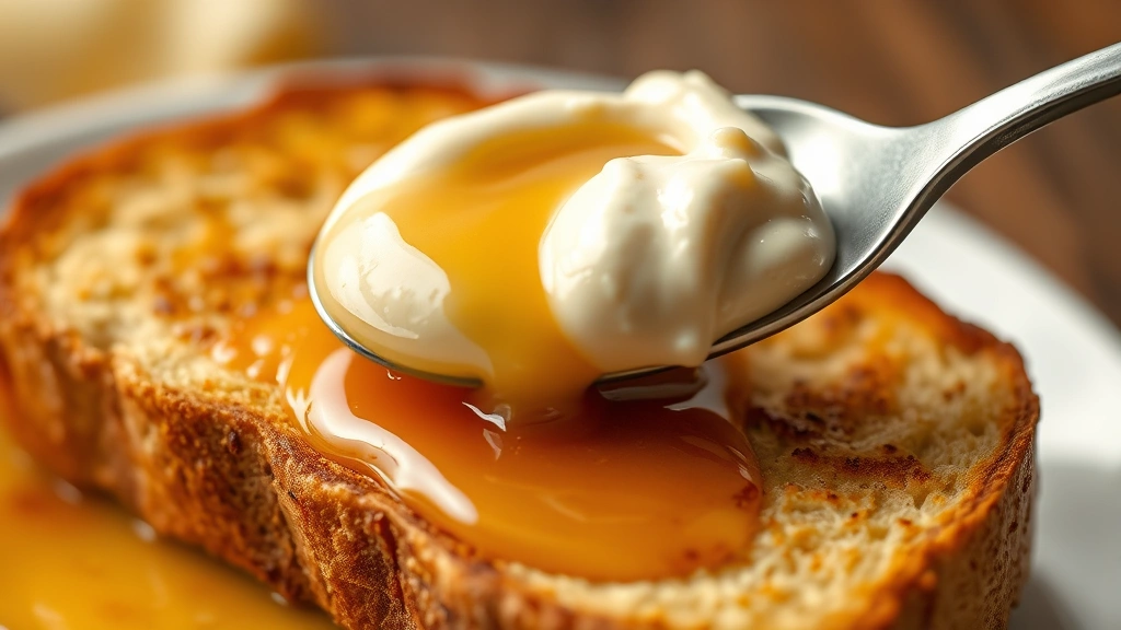 detail: close-up of spoon spreading creamy whipped honey on warm toast, golden honey texture visible, steam rising, shallow depth of field, no text