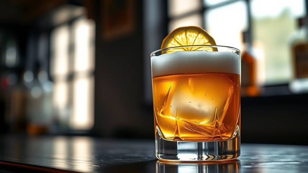 hero: elegant whiskey sour cocktail in a rocks glass with large ice cube, silky egg white foam top, lemon wheel garnish, golden whiskey visible, natural window light, moody background, professional bar setting, no text