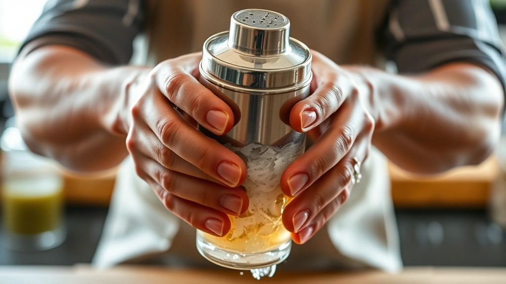 process: hands shaking cocktail shaker with ice, liquid and foam visible, dynamic motion, natural kitchen light, close action shot, no text