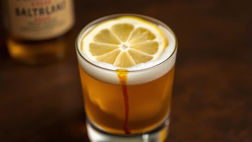 detail: close-up of whiskey sour with perfect foam layer, lemon wheel garnish, Angostura bitters drizzle pattern visible, golden amber liquid, shallow depth of field, no text