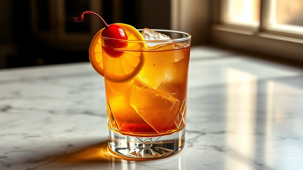 hero: elegant Whiskey Sour cocktail in rocks glass with ice, cherry garnish and lemon wheel, golden amber liquid, photorealistic, natural window light, marble countertop background, no text, professional styling