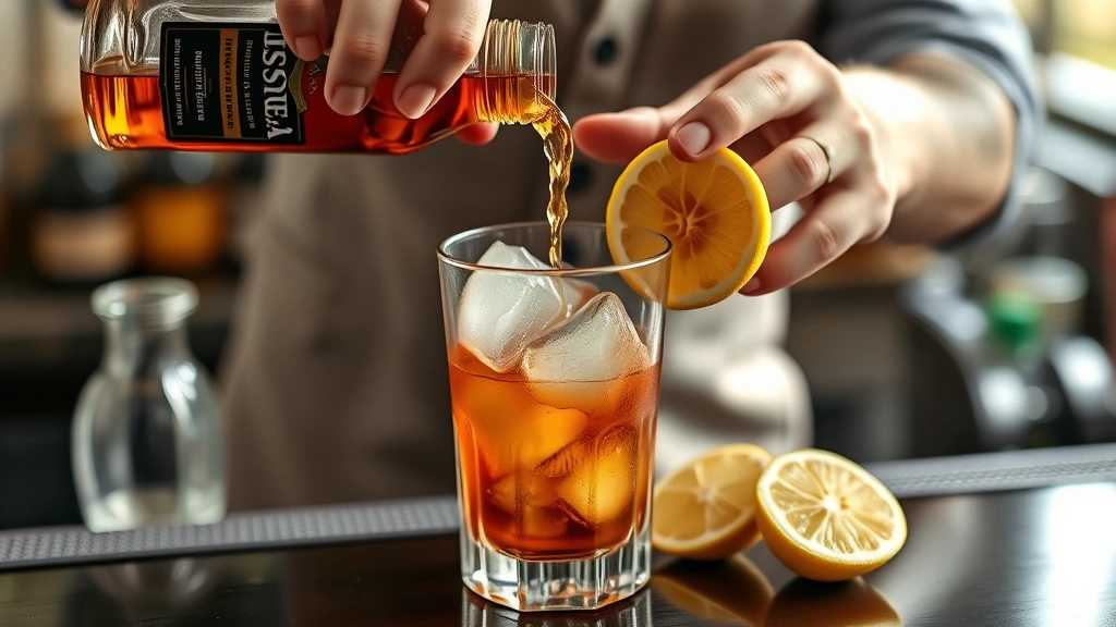 process: hands pouring whiskey into cocktail shaker filled with ice, fresh lemon halves visible, photorealistic, natural light, bartending workspace, no text