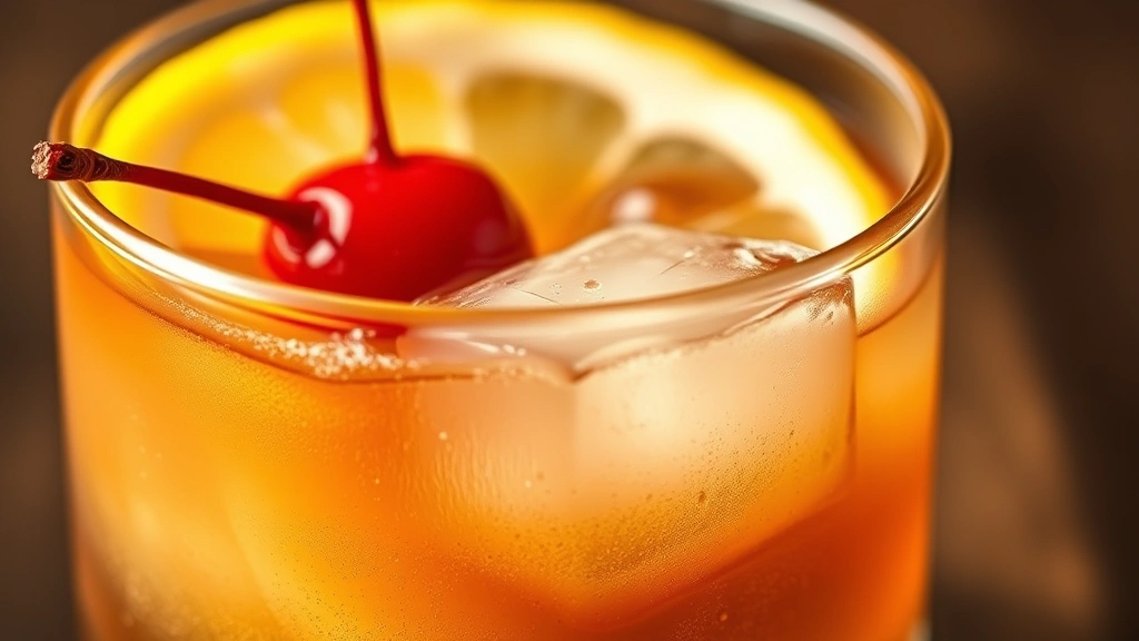 detail: close-up of finished Whiskey Sour showing layers of liquid, cherry garnish, ice cube, lemon wheel rim, photorealistic macro photography, natural light, no text