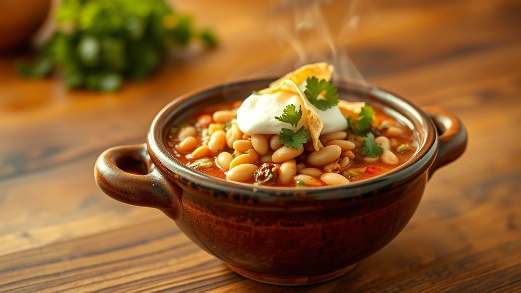 hero: white bean chili in rustic ceramic bowl, topped with sour cream cilantro and tortilla strips, steam rising, warm golden lighting, wooden table background, no text