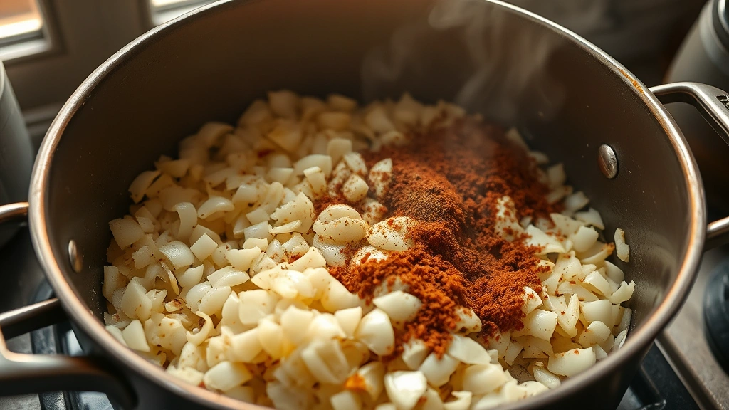process: sautéed onions and garlic in large pot, cumin and spices being stirred in, amber evening light through kitchen window, no text
