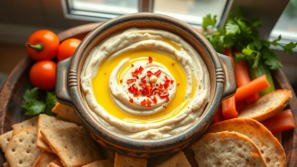hero: creamy white bean dip in a rustic ceramic bowl with olive oil drizzle and red pepper flakes on top, surrounded by crackers, pita bread, and fresh vegetables, warm natural window light, top-down view, no text