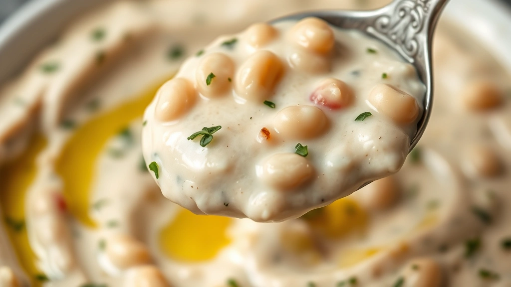 detail: close-up spoon scooping creamy white bean dip with fresh herbs visible, olive oil glistening, shallow depth of field, soft natural light, no text