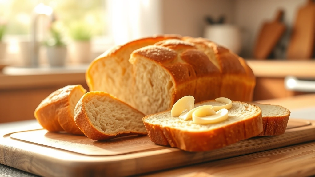 hero: golden-brown homemade white bread loaf sliced on a wooden cutting board with butter curls, natural morning sunlight streaming in, warm and inviting kitchen background, photorealistic, no text