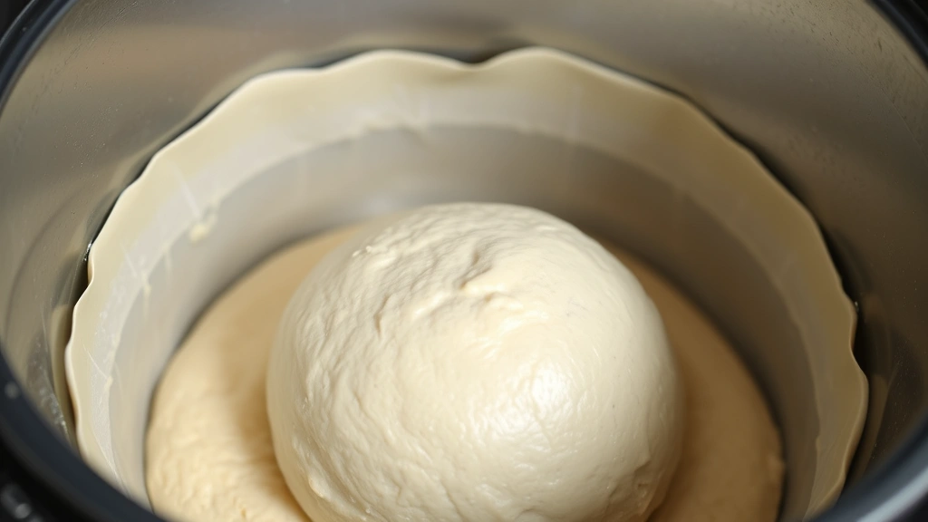 process: bread machine dough rising, smooth ball of dough in bread machine pan, close-up showing texture and rise progression, photorealistic natural light, no text