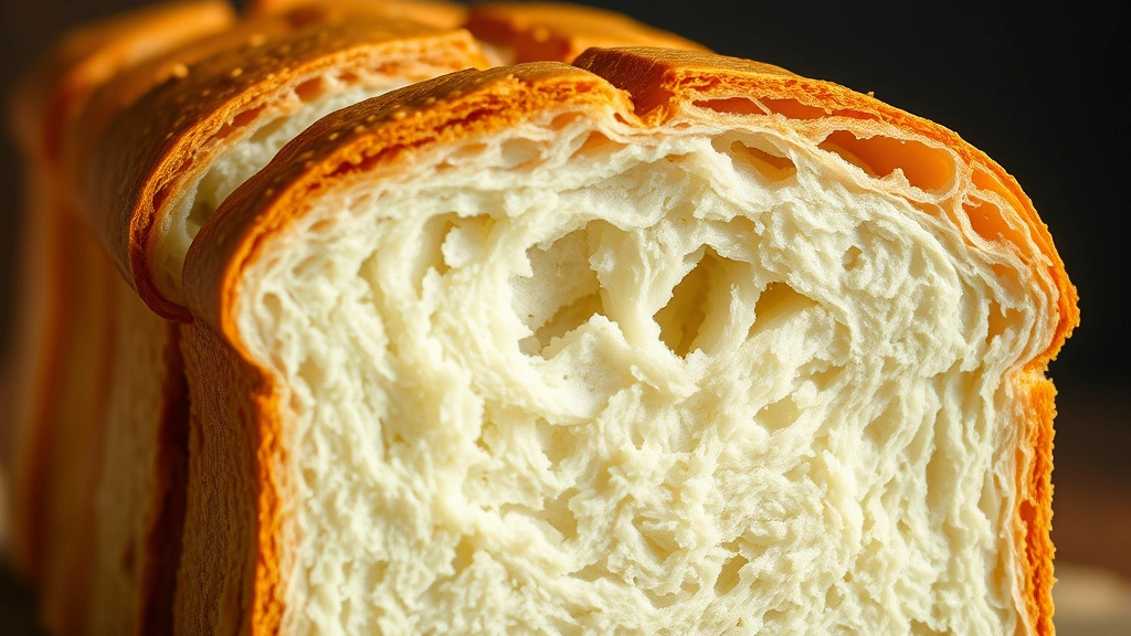 detail: close-up cross-section of sliced white bread showing tender crumb structure and soft interior, golden crust visible, photorealistic natural light, no text