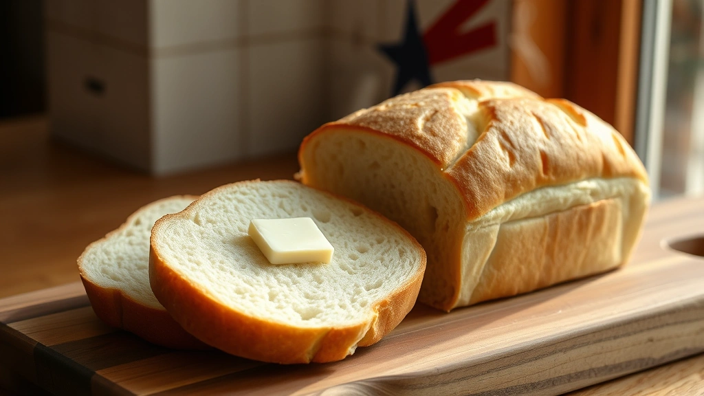 hero: freshly baked white bread loaf with golden-brown crust, sliced on wooden cutting board, natural window light streaming across, steam rising, artfully arranged with a pat of butter, photorealistic, no text, 16:9