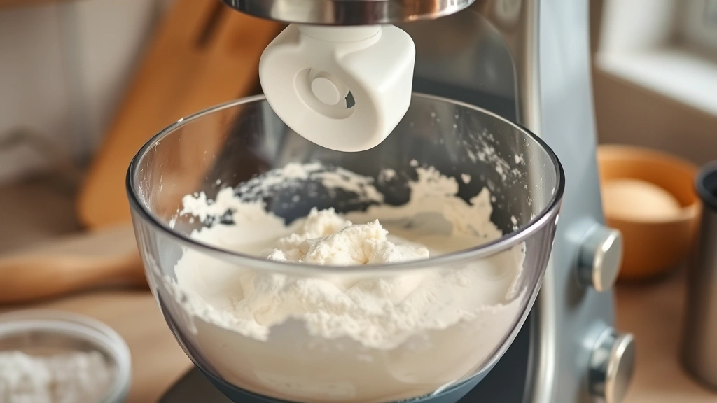 process: bread machine mixing white bread dough, flour and ingredients visible inside mixing bowl, natural kitchen lighting, mid-action shot, photorealistic, no text, 16:9