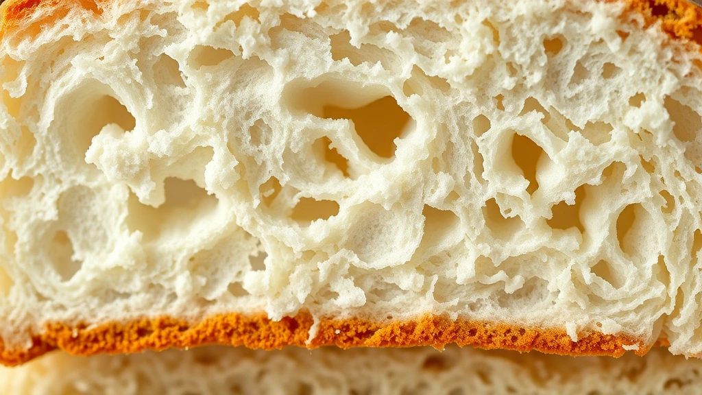 detail: close-up of white bread crumb structure, cross-section showing soft fluffy interior texture, natural lighting highlighting bread layers, photorealistic, no text, 1:1