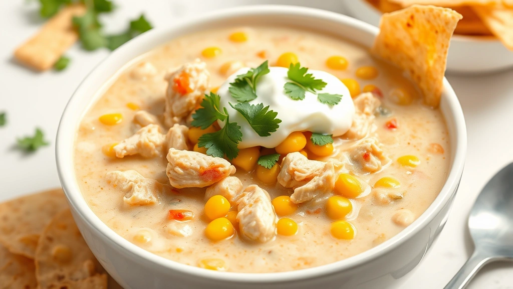 hero: white chicken chili with corn in white bowl with tortilla strips sour cream and cilantro on top, cream-colored chili visible, photorealistic, natural daylight, no text, beautiful garnish