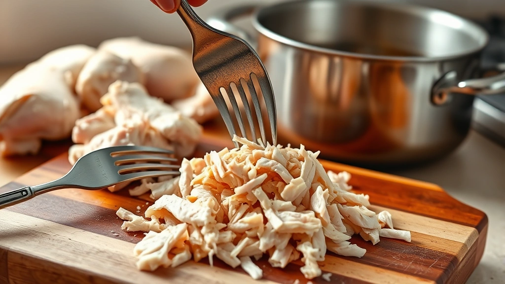 process: chicken being shredded with two forks on wooden cutting board, pot of simmering broth in background, photorealistic, natural kitchen lighting, no text