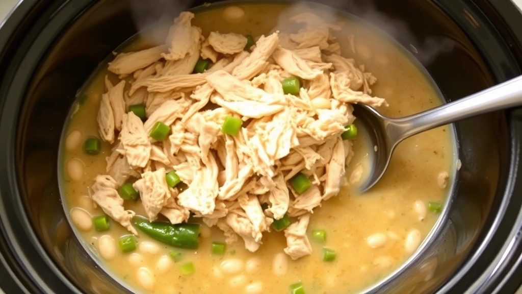 process: shredded chicken being stirred into crock pot with white beans and green chiles, steam rising, stainless steel spoon, creamy broth visible, photorealistic, natural kitchen lighting, no text