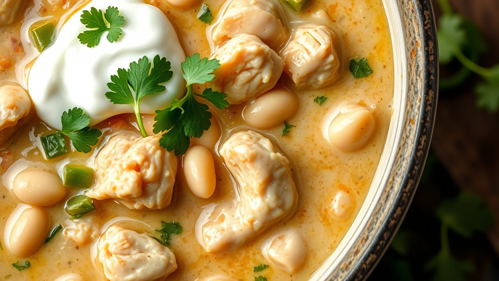 detail: close-up of white chicken chili showing tender chicken pieces, creamy broth, white beans, green chiles, garnished with fresh cilantro and sour cream swirl, photorealistic, warm overhead lighting, no text