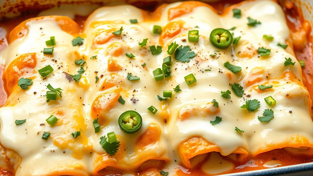 hero: white chicken enchiladas covered in melted cheese and sour cream sauce in a baking dish, golden and bubbly, garnished with cilantro and jalapeños, photorealistic, natural window light, no text