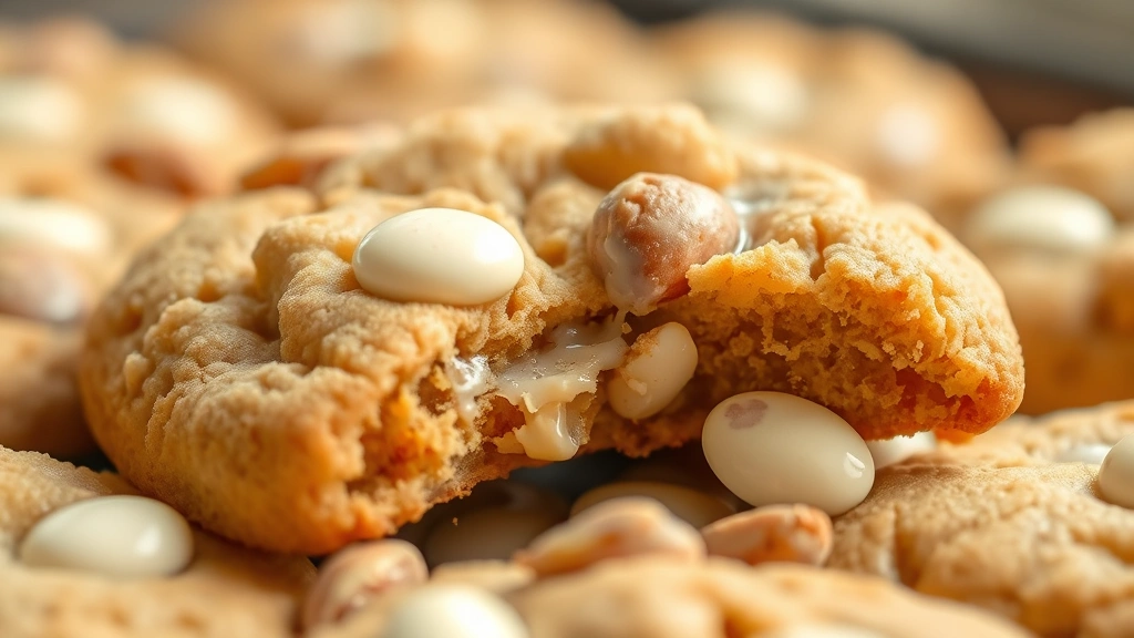 detail: close-up of a freshly baked warm cookie with melted white chocolate and whole macadamia nuts visible, steam rising, natural daylight, no text