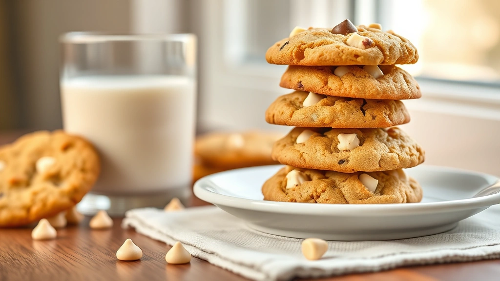 hero: golden brown white chocolate chip cookies stacked on a white ceramic plate with a glass of cold milk, photorealistic, warm natural window light, no text