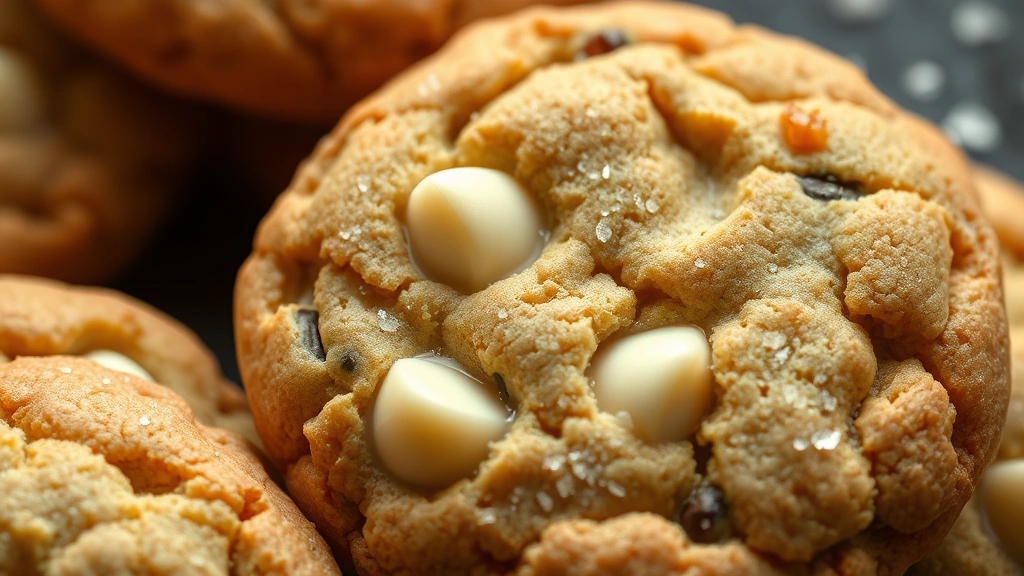 detail: close-up of a single warm cookie with melted white chocolate chips and sea salt crystals visible, photorealistic, soft natural light, no text