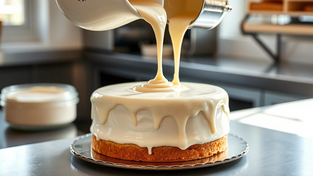 hero: white chocolate ganache being poured over a vanilla cake layer, glossy and smooth coating, warm natural window light streaming across, professional bakery setting, no text visible