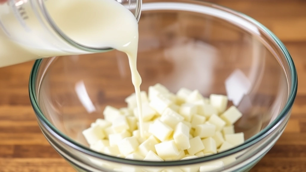process: pouring hot cream over chopped white chocolate in a glass bowl, steam visible, mid-pour action shot, natural kitchen lighting, no text