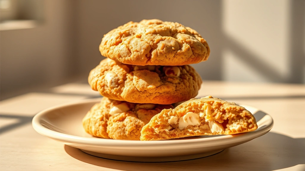 hero: golden-brown white chocolate macadamia nut cookies stacked on a cream ceramic plate, warm natural sunlight streaming in from the side, creamy white chocolate visible in broken cookie, macadamia nuts visible, soft shadows, no text, professional food photography