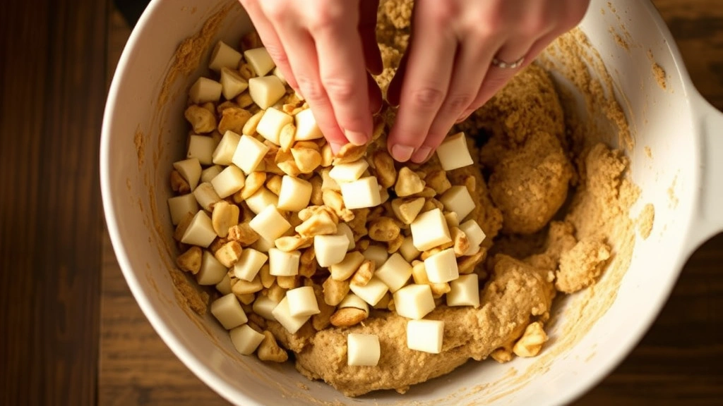 process: hands folding chopped macadamia nuts and white chocolate chunks into cookie dough in a ceramic mixing bowl, warm kitchen lighting, cookie dough texture visible, no text, overhead angle