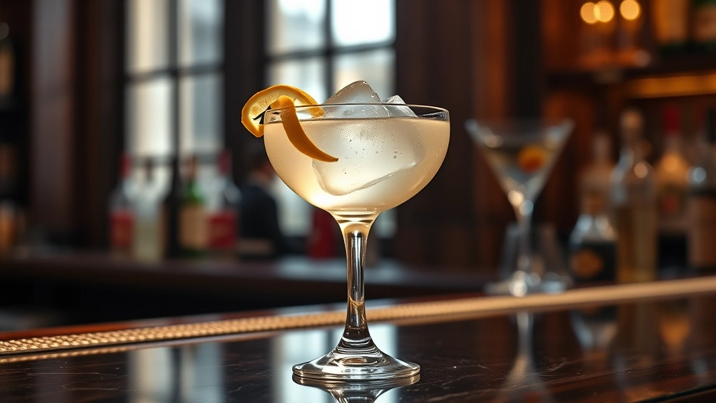 hero: White Negroni cocktail in coupe glass with large ice cube, pale golden color, lemon twist garnish, natural window light, elegant bar setting, photorealistic, no text
