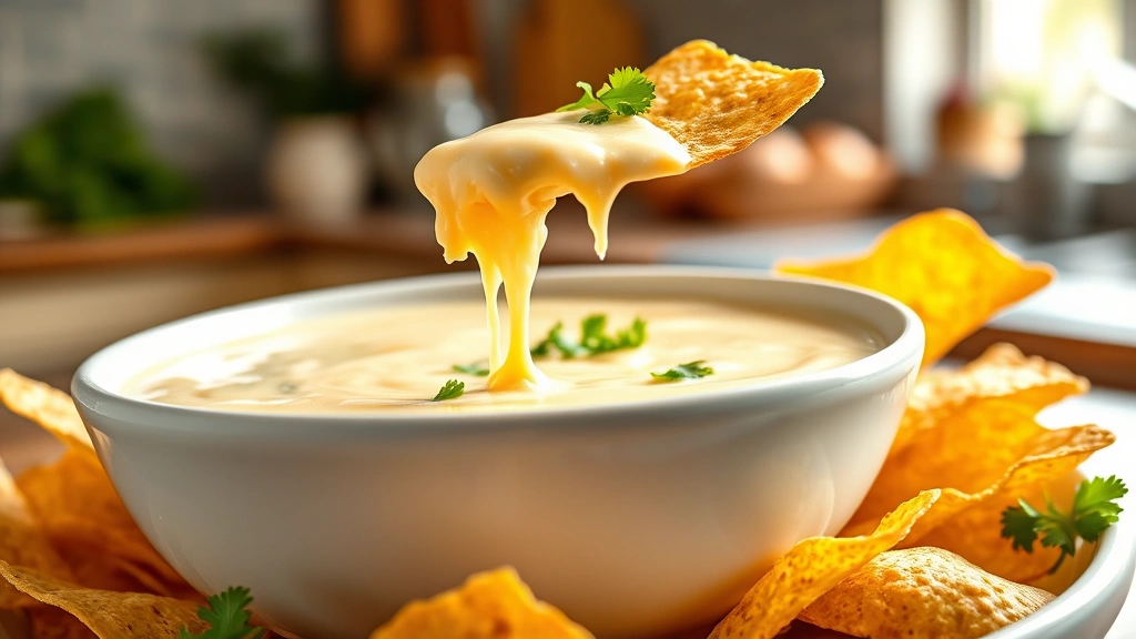 hero: creamy white queso dip in a white bowl with warm tortilla chips on the side, melted cheese dripping from a chip, fresh cilantro garnish, natural daylight streaming in, rustic kitchen background, photorealistic, no text