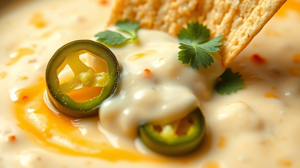 detail: extreme close-up of warm white queso dip with melted cheese strings, tortilla chip dipped in, jalapeño slice visible, cilantro garnish, rich creamy texture, shallow depth of field, photorealistic, no text