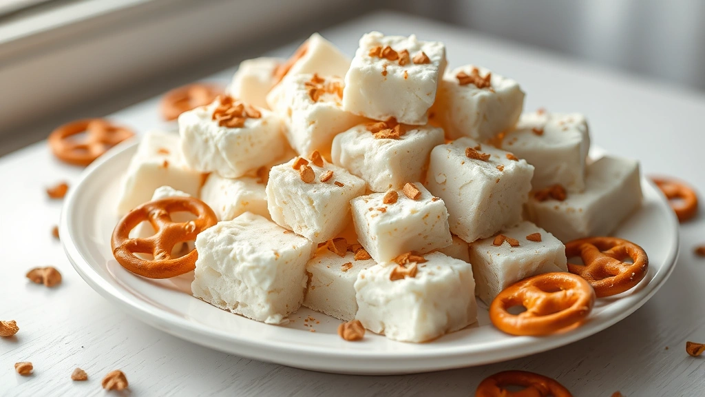 hero: finished white trash candy cut into squares, arranged on white ceramic plate, natural afternoon light from window, shallow depth of field, food styling with scattered pretzel pieces, no text or watermarks