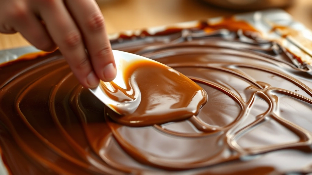 process: hand spreading melted caramel over chocolate layer with metal spatula, close-up action shot, warm kitchen lighting, showing texture and glossiness, no text