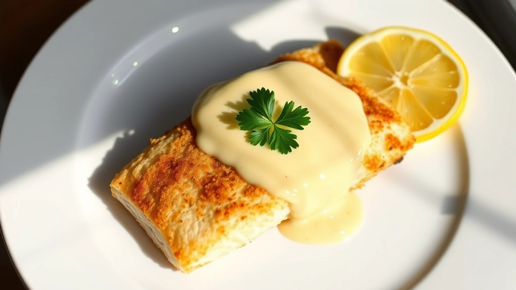hero: perfectly pan-seared whiting fish fillet with golden crust topped with creamy lemon butter sauce, fresh lemon slice, and parsley garnish on white plate, natural window light, soft shadows, top-down view, food photography