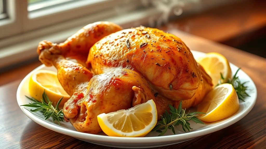 hero: golden-brown whole chicken on white plate with fresh lemon wedges and herbs, steam rising, photorealistic, natural window lighting, no text