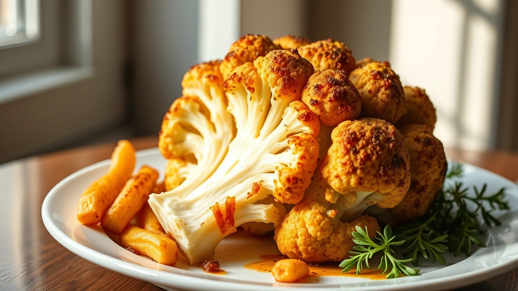 hero: whole roasted cauliflower head golden brown caramelized on white plate, photorealistic, natural window light, no text, elegant plating