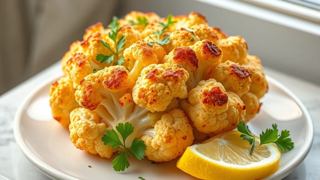hero: whole roasted cauliflower golden brown with crispy edges on white plate garnished with fresh parsley and lemon, photorealistic, natural window light, no text