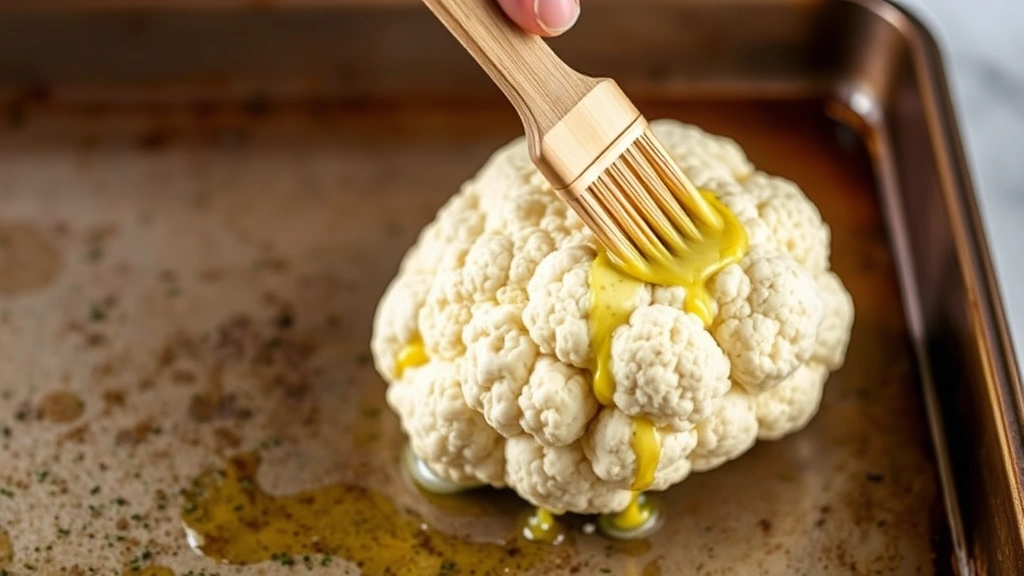 process: brushing raw cauliflower head with garlic herb oil mixture using pastry brush over baking sheet, photorealistic, bright kitchen lighting, no text