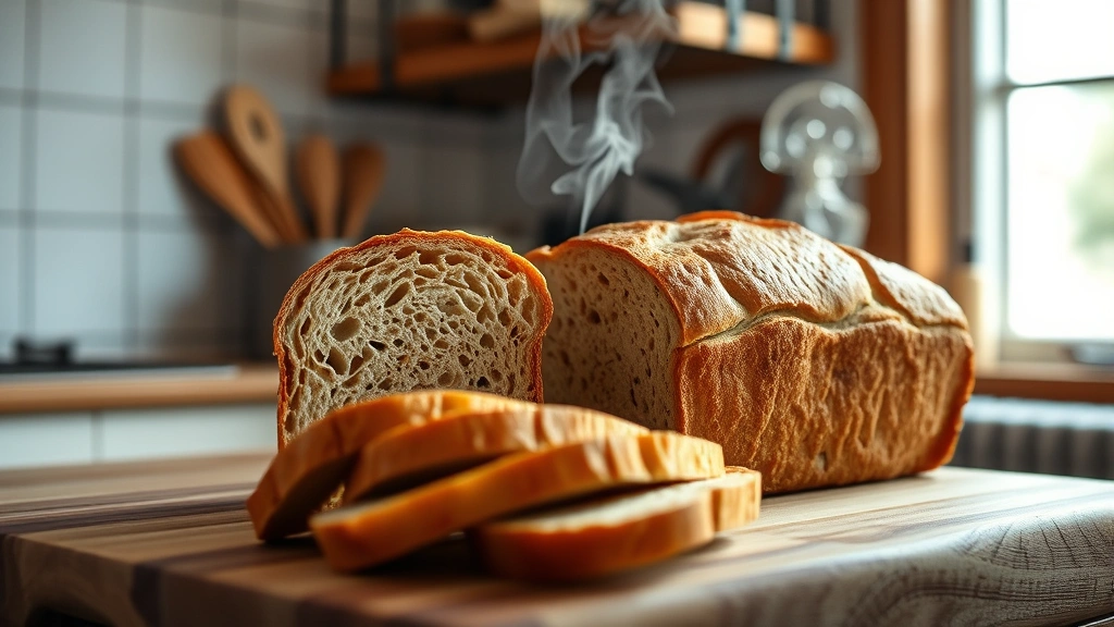 hero: golden brown whole wheat bread loaf on wooden cutting board with fresh slices, steam rising, natural window lighting, rustic kitchen background
