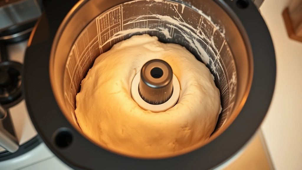process: bread machine with dough inside during kneading cycle, warm golden lighting, close-up of paddle mixing whole wheat dough, modern kitchen setting