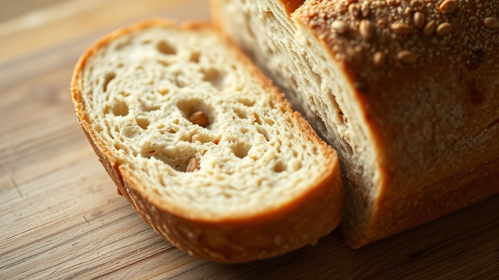 detail: close-up cross-section of sliced whole wheat bread showing tender crumb structure and seeds, soft natural side lighting, wood surface background