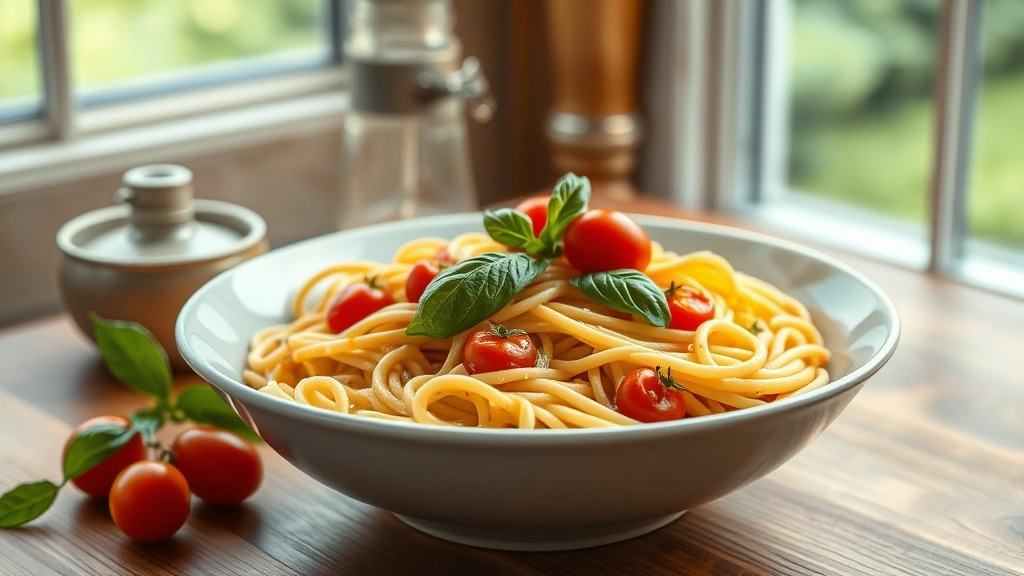 hero: steaming bowl of whole wheat pasta with fresh basil, cherry tomatoes, and olive oil, photorealistic, natural window light, wooden table background, no text