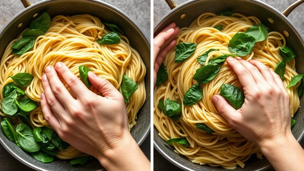 process: hands tossing cooked whole wheat pasta in skillet with garlic oil and fresh spinach, photorealistic, natural light, no text