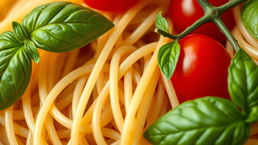 detail: close-up of whole wheat pasta strands with fresh basil leaves and cherry tomatoes, photorealistic, natural light, shallow depth of field, no text