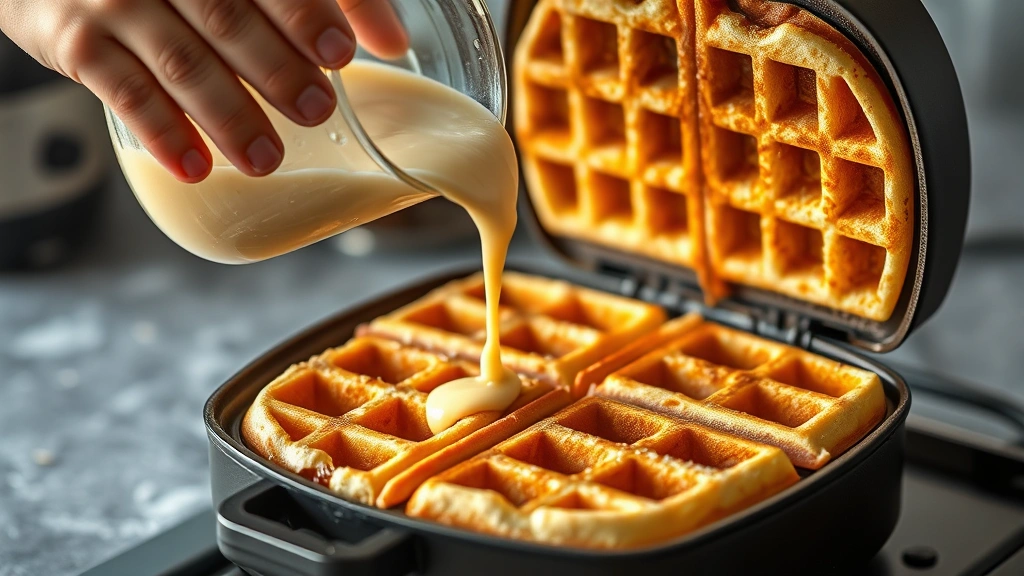 process: hands pouring whole wheat batter into Belgian waffle iron, golden steam rising, crispy waffle visible inside iron, photorealistic, natural light, no text