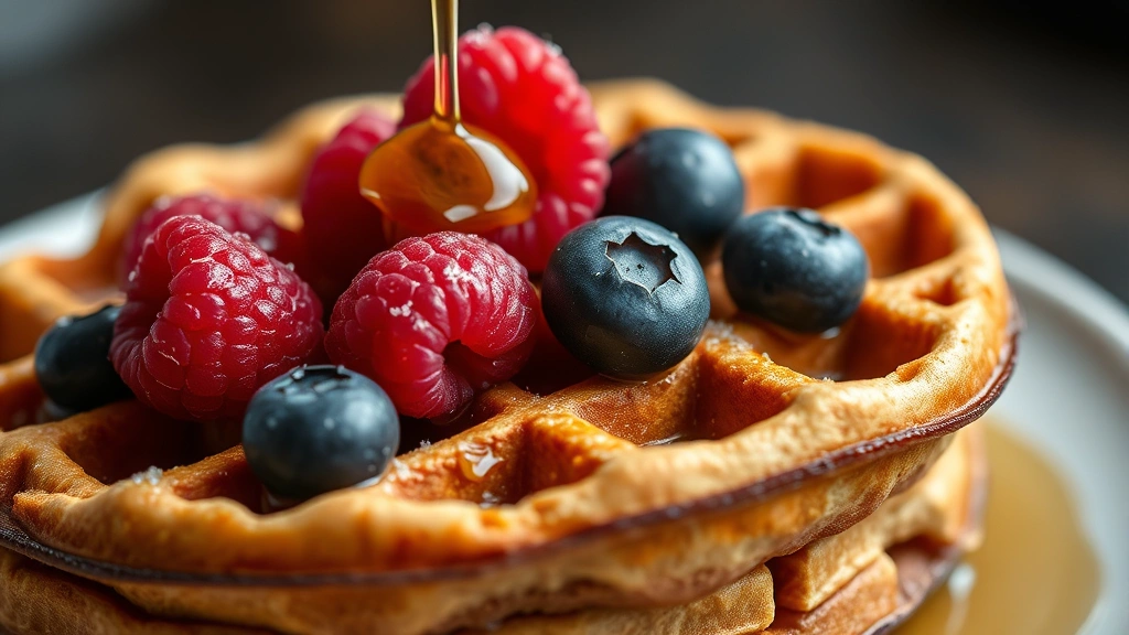 detail: close-up of single waffle showing crispy texture exterior and fluffy interior crumb structure, fresh raspberries and blueberries on top, warm maple syrup coating, photorealistic, natural light, no text
