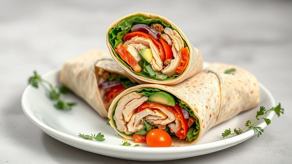 hero: perfectly plated wild turkey wrap cut diagonally showing layers of turkey, fresh greens, colorful vegetables and avocado, served on a white plate with fresh herbs garnish, photorealistic, natural soft lighting, no text